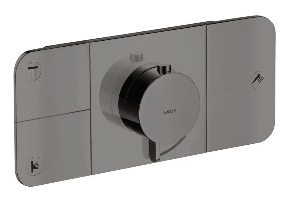 Thermostatmodul in Polished Black Chrome für die Wandmontage. Das Bedienfeld verfügt über einen runden Regler und Symbole für verschiedene Wasserverbraucher. Marke: AXOR.